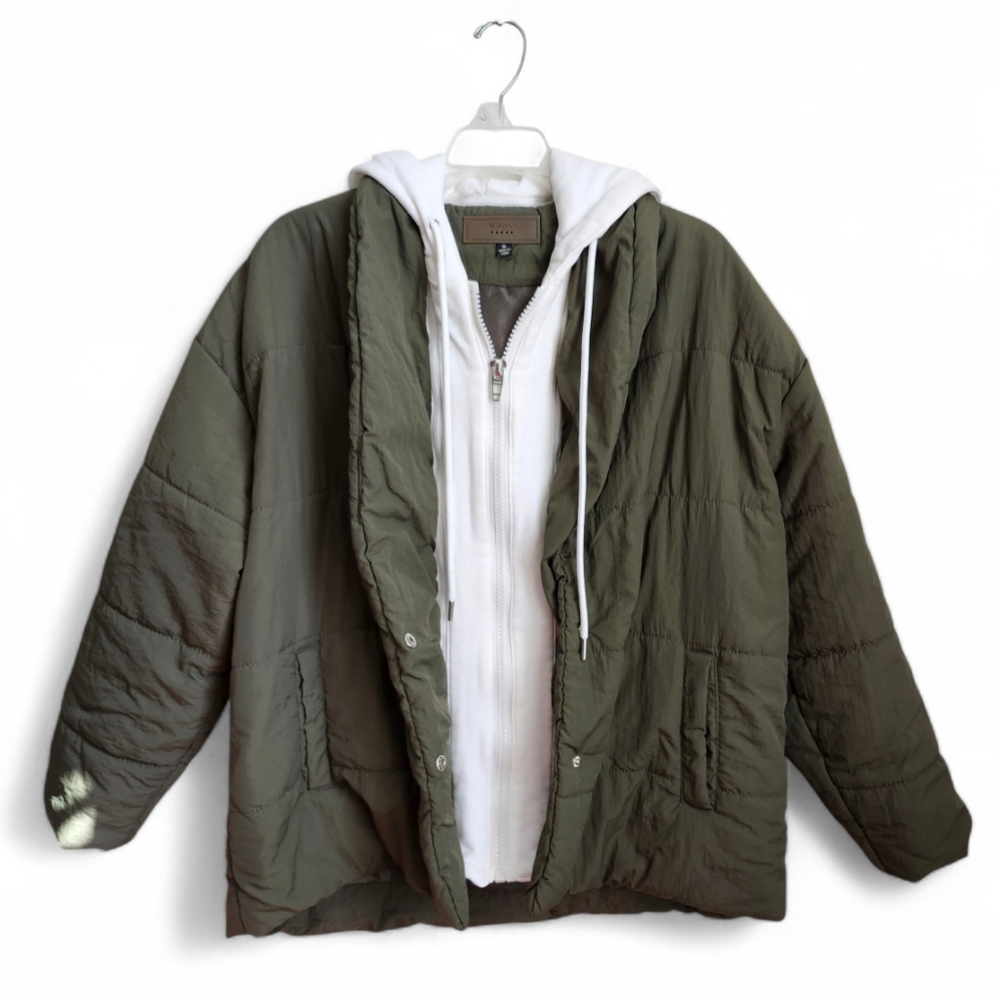 Blank NYC Fair Shake Olive Green Puffer Jacket White Cotton Removeable Hoodie